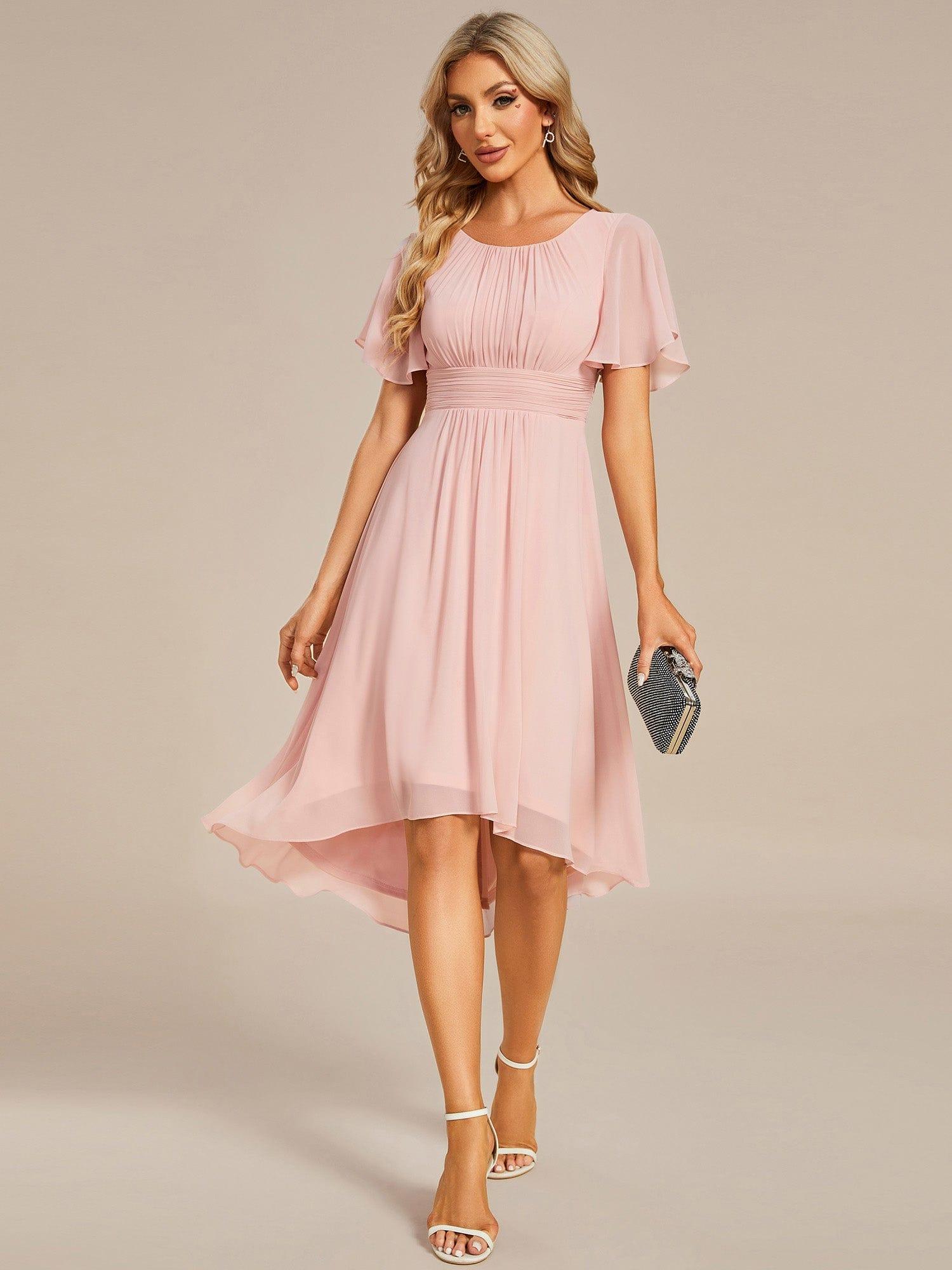 Flowy Chiffon Round Neckline A-Line Knee Length Bridesmaid Dress #color_Pink