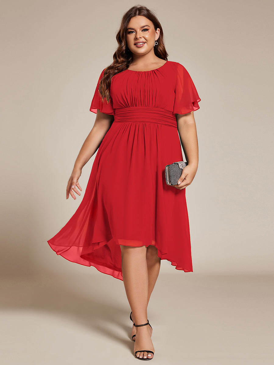 Flowy Chiffon Round Neckline A-Line Knee Length Wedding Guest Dress #color_Red