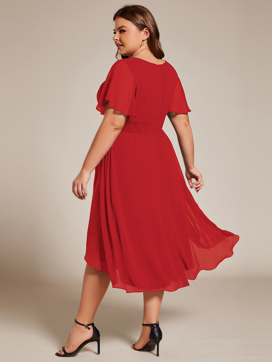 Flowy Chiffon Round Neckline A-Line Knee Length Wedding Guest Dress #color_Red