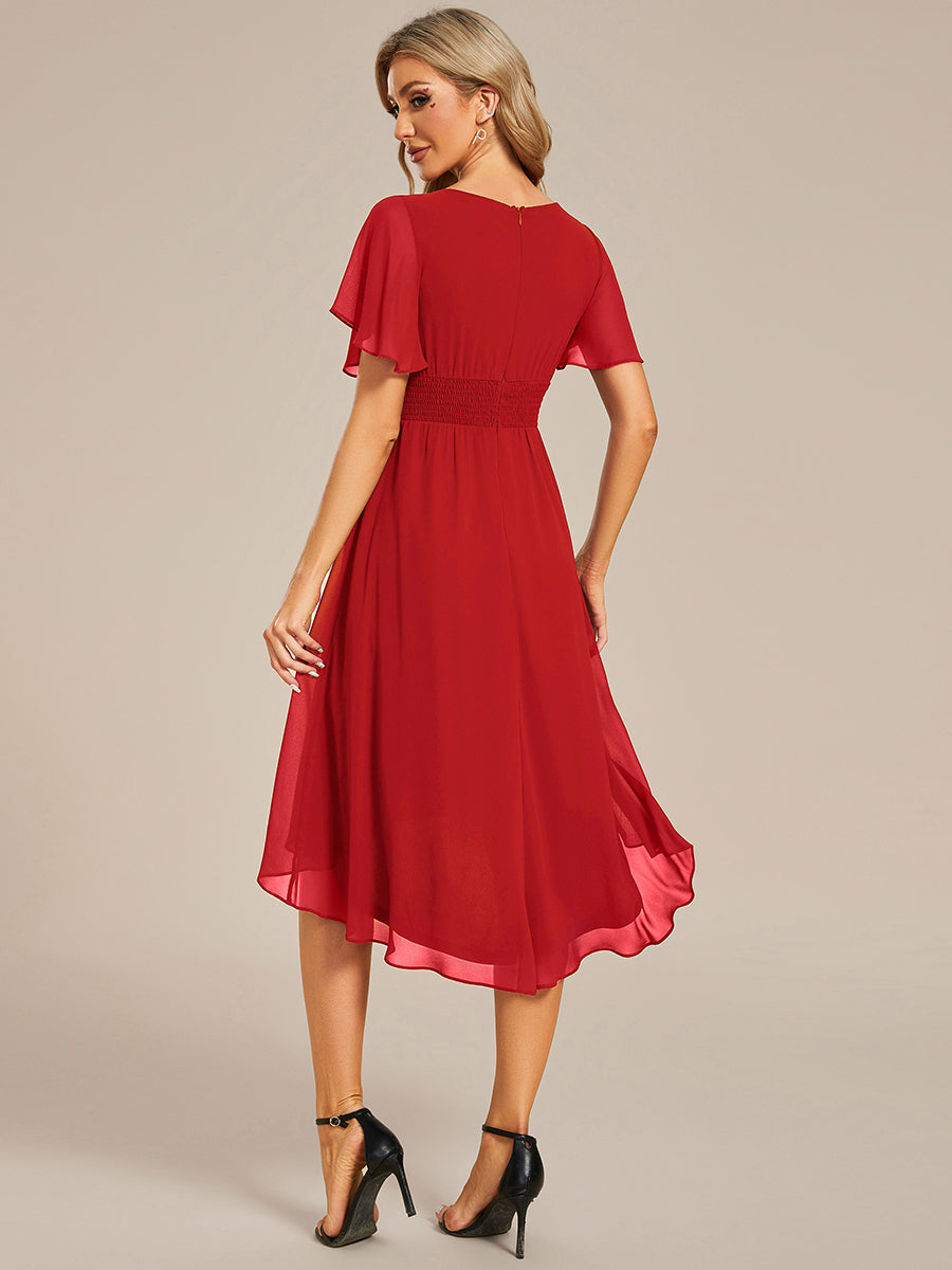 Flowy Chiffon Round Neckline A-Line Knee Length Wedding Guest Dress #color_Red