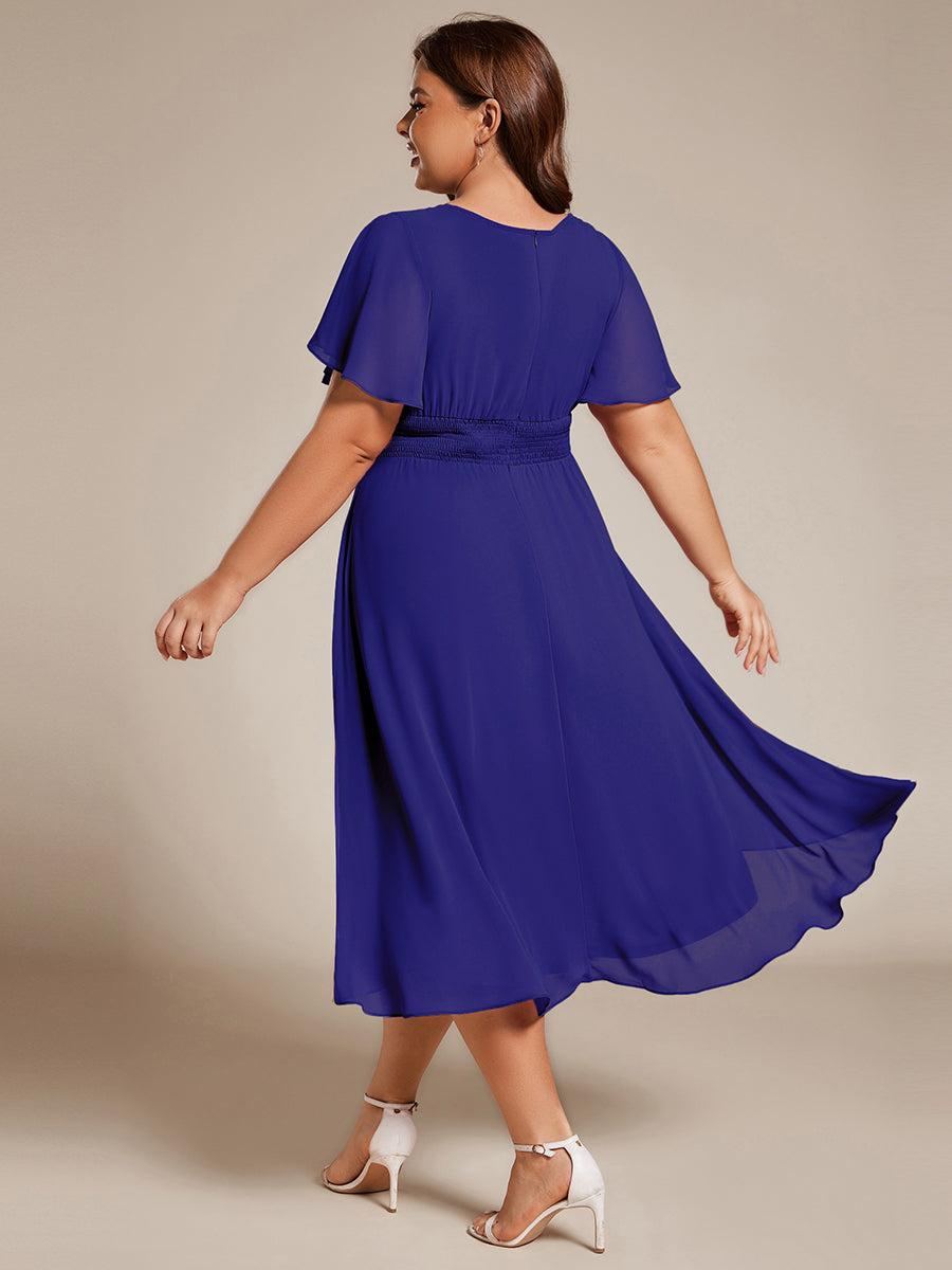 Flowy Chiffon Round Neckline A-Line Knee Length Wedding Guest Dress #color_Sapphire Blue