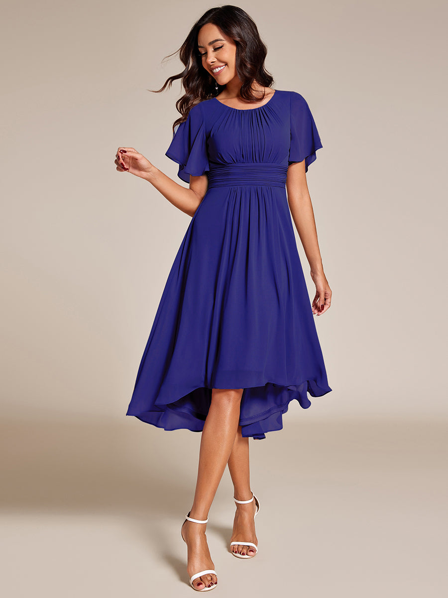 Flowy Chiffon Round Neckline A-Line Knee Length Wedding Guest Dress #color_Sapphire Blue