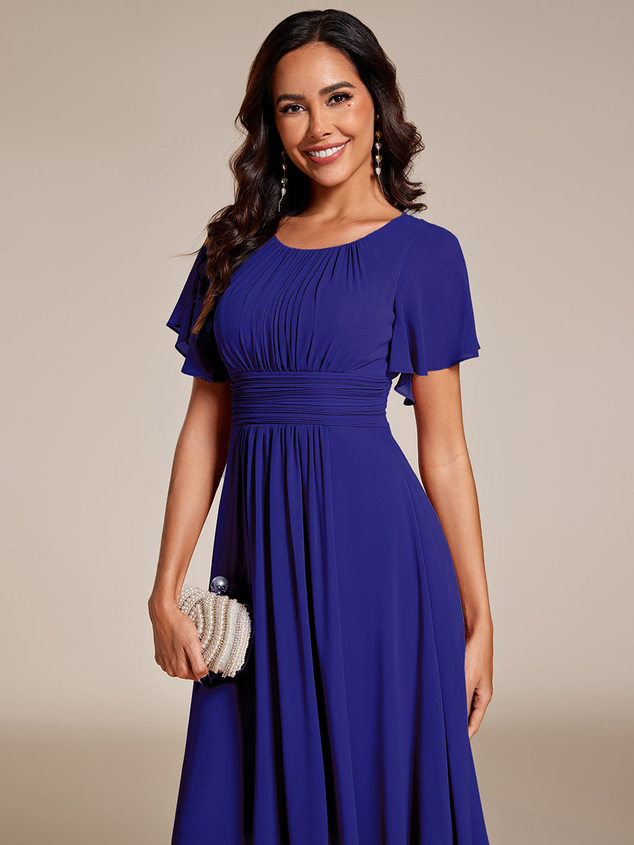 Flowy Chiffon Round Neckline A-Line Knee Length Wedding Guest Dress #color_Sapphire Blue