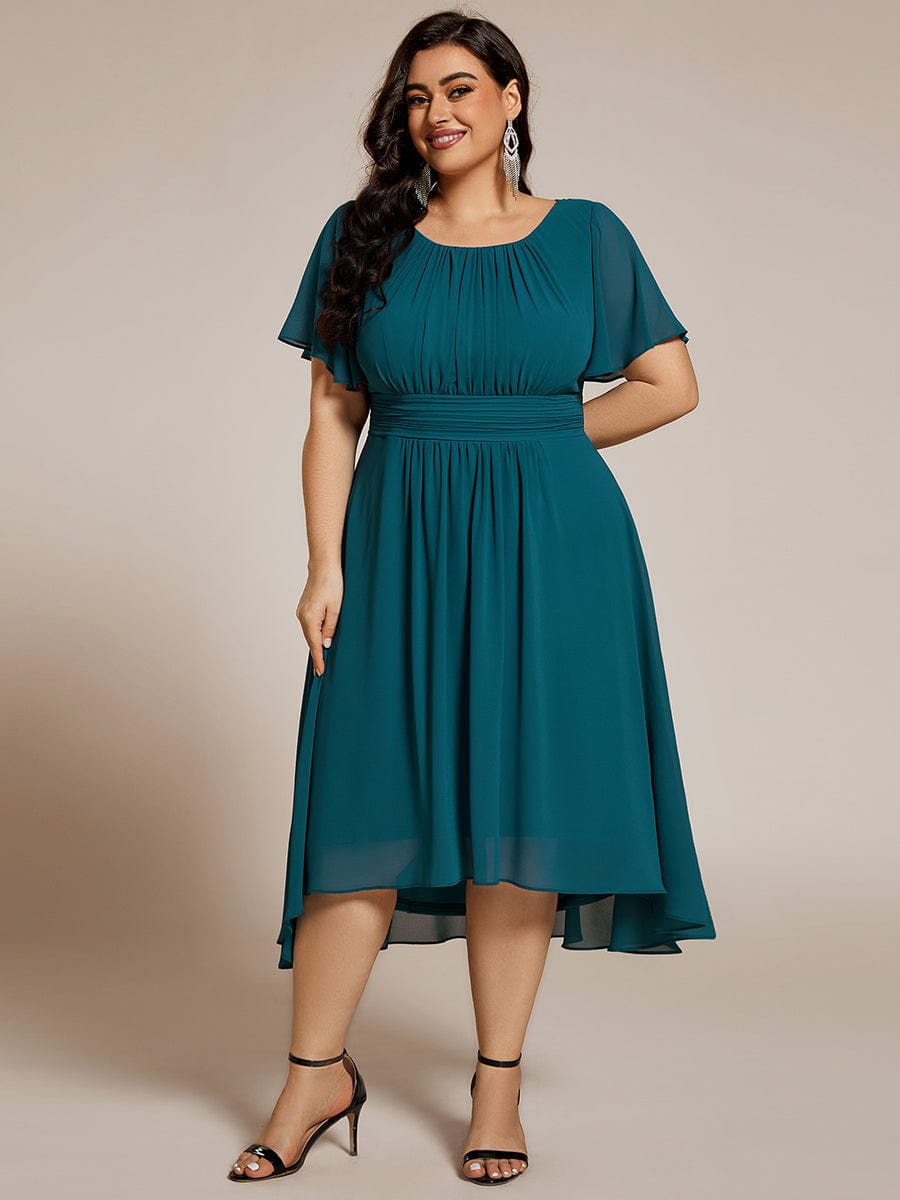 Flowy Chiffon Round Neckline A-Line Knee Length Wedding Guest Dress #color_Teal