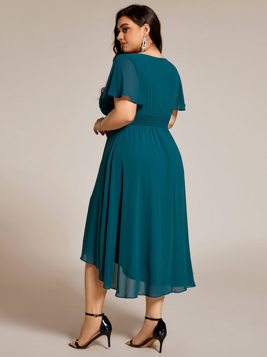 Flowy Chiffon Round Neckline A-Line Knee Length Wedding Guest Dress #color_Teal