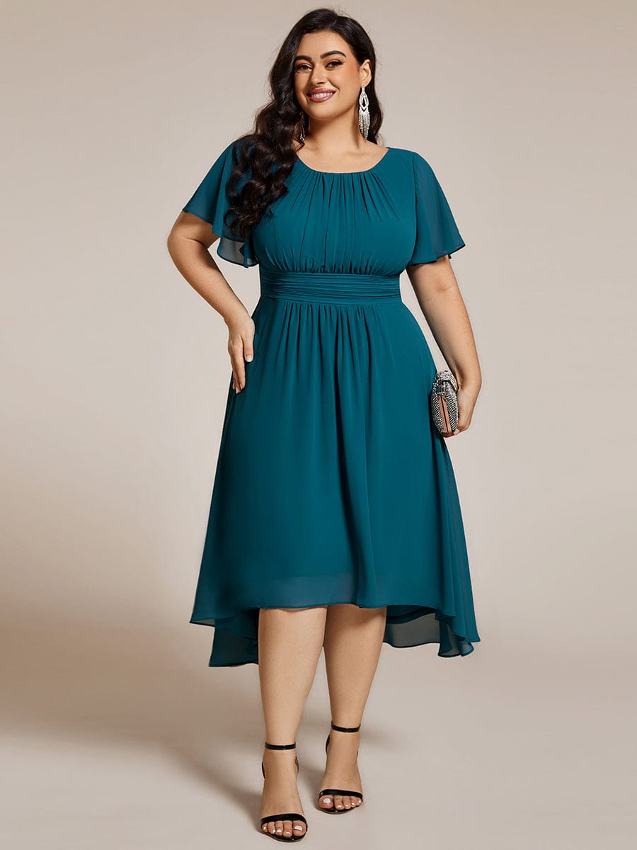 Flowy Chiffon Round Neckline A-Line Knee Length Wedding Guest Dress #color_Teal