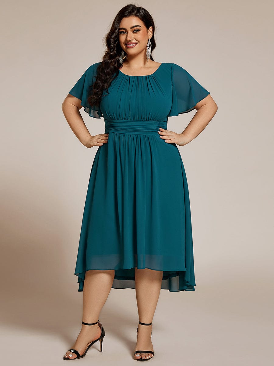 Flowy Chiffon Round Neckline A-Line Knee Length Wedding Guest Dress #color_Teal