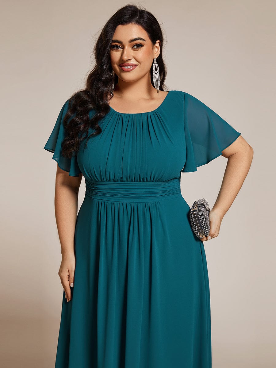 Flowy Chiffon Round Neckline A-Line Knee Length Wedding Guest Dress #color_Teal