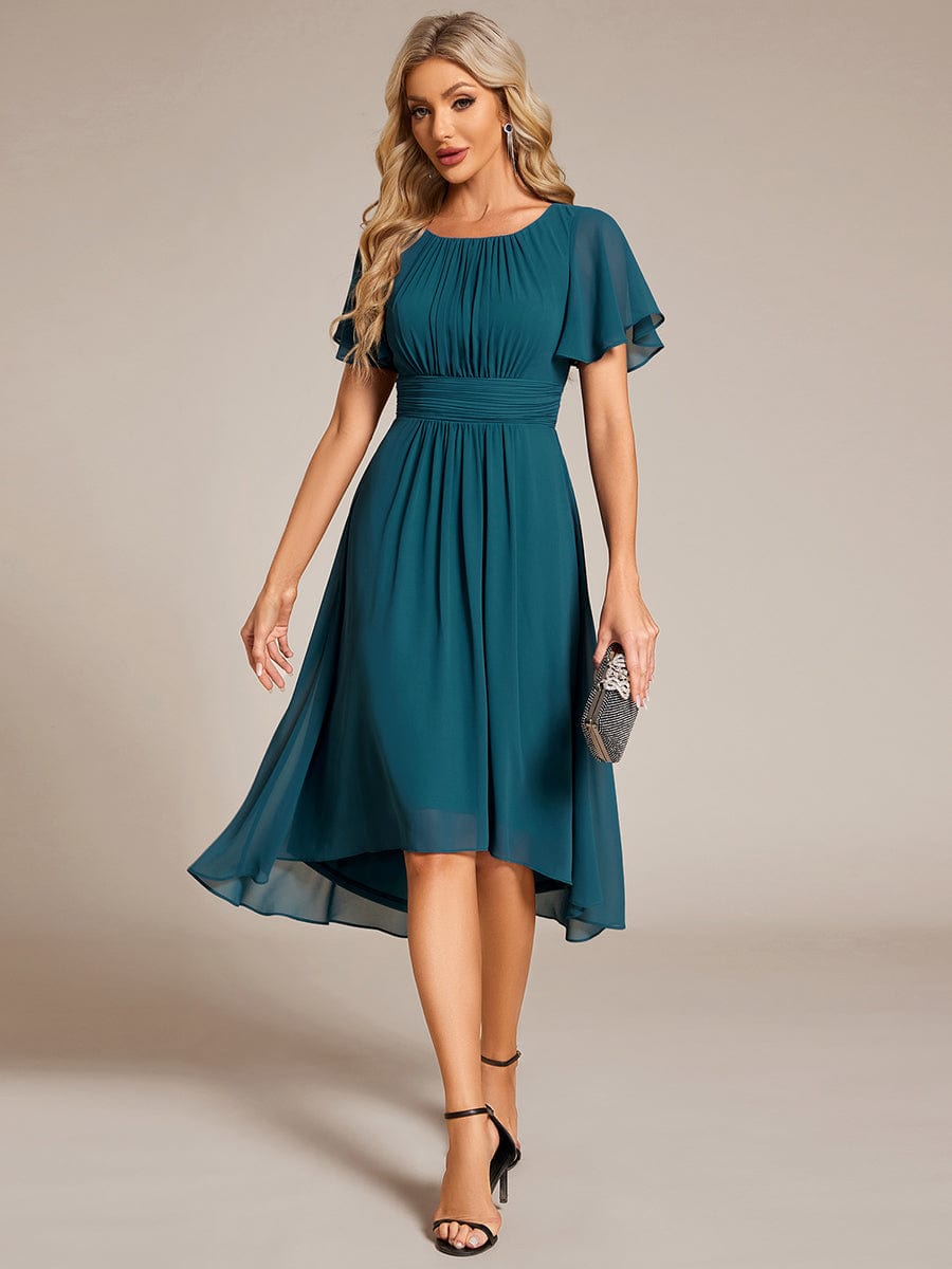 Flowy Chiffon Round Neckline A-Line Knee Length Wedding Guest Dress #color_Teal