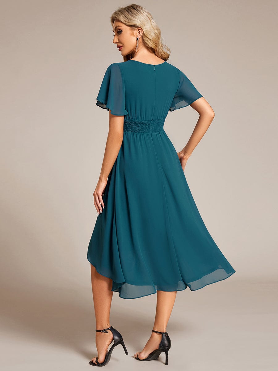 Flowy Chiffon Round Neckline A-Line Knee Length Wedding Guest Dress #color_Teal