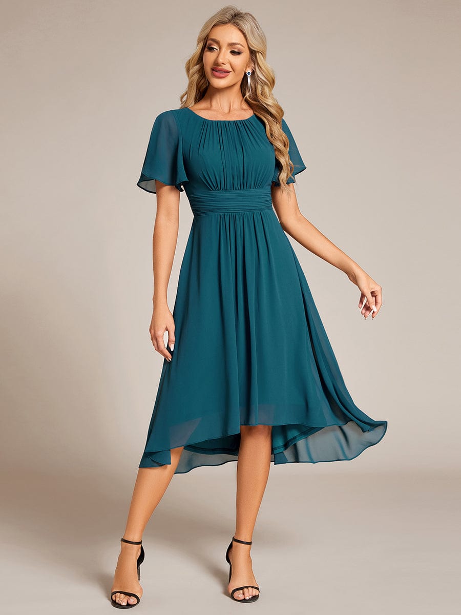 Flowy Chiffon Round Neckline A-Line Knee Length Wedding Guest Dress #color_Teal