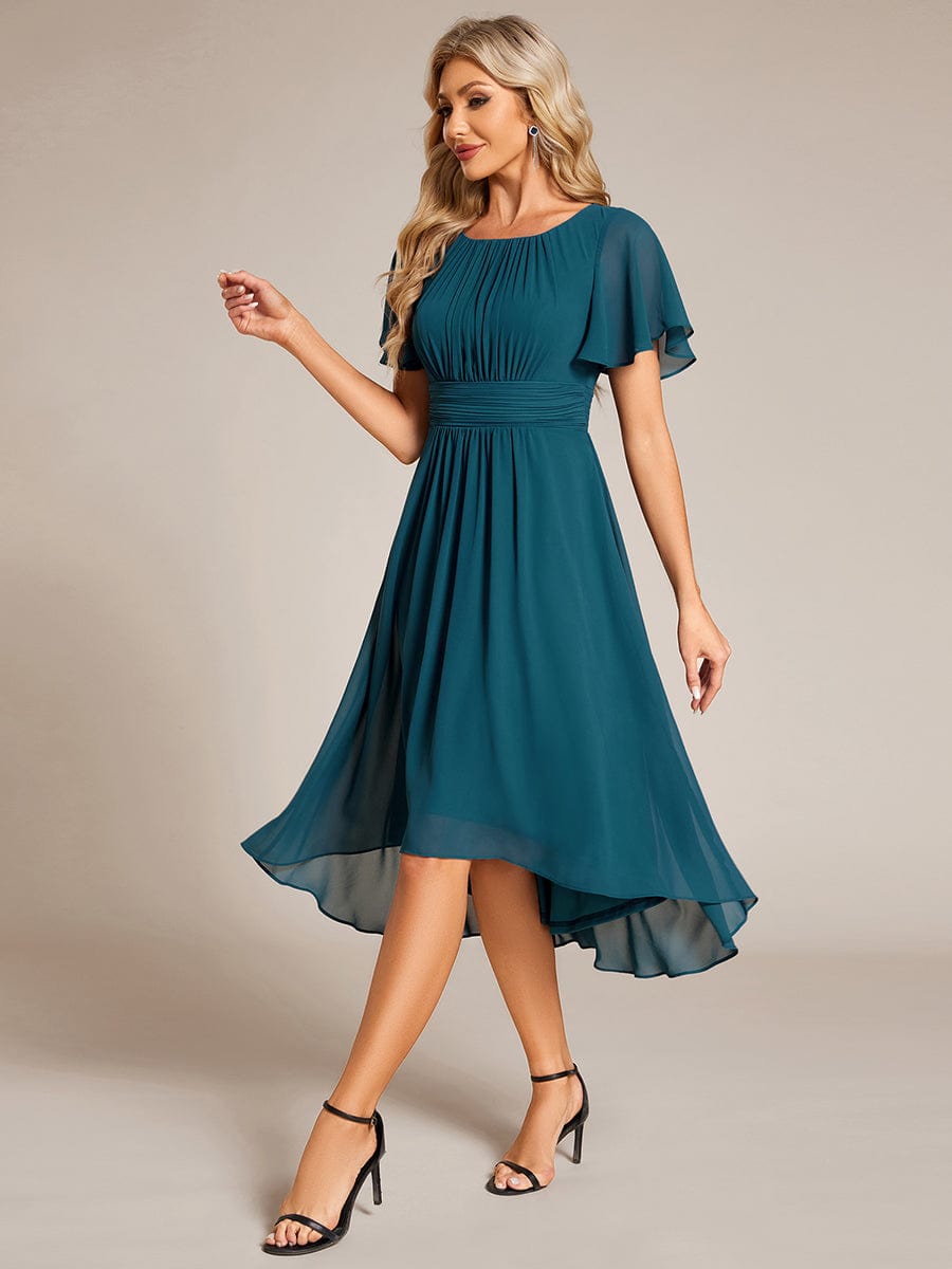 Flowy Chiffon Round Neckline A-Line Knee Length Wedding Guest Dress #color_Teal