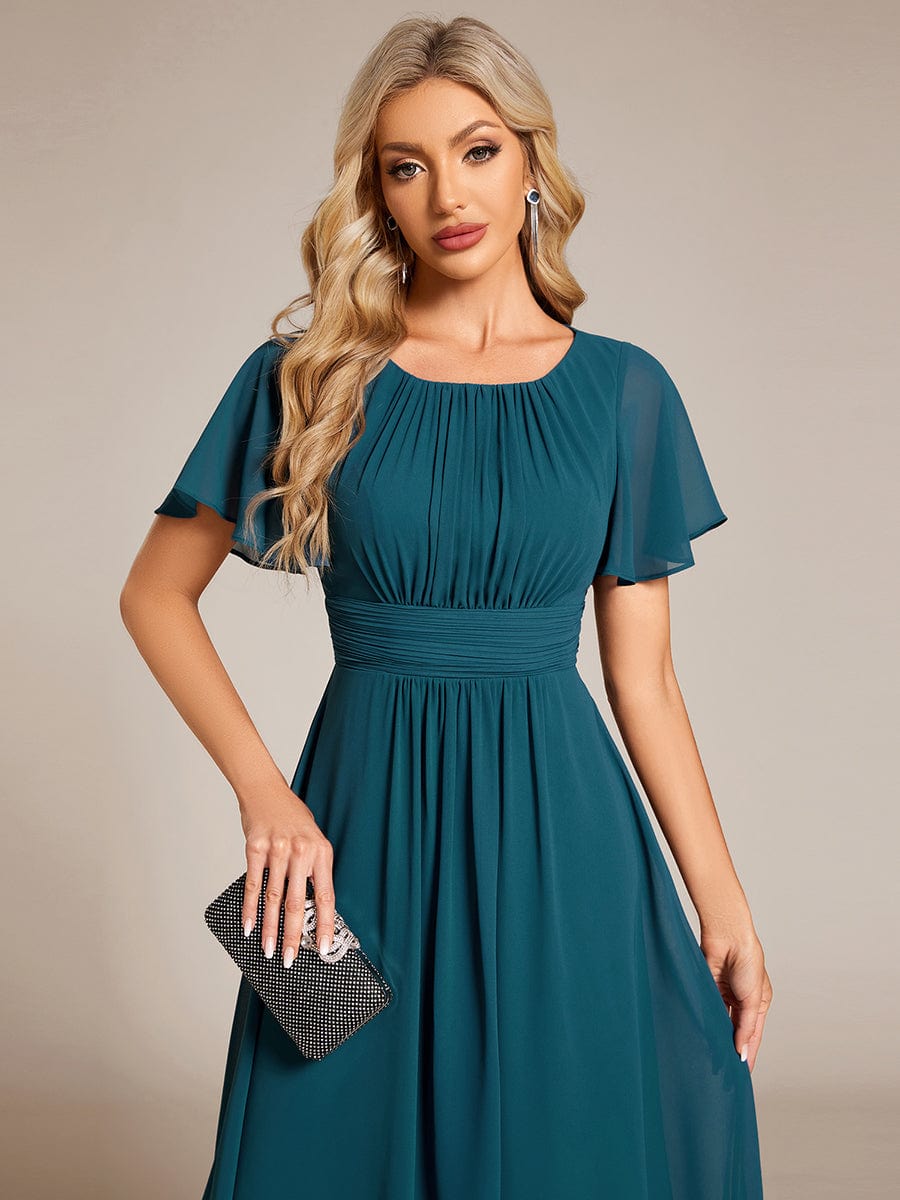 Flowy Chiffon Round Neckline A-Line Knee Length Wedding Guest Dress #color_Teal