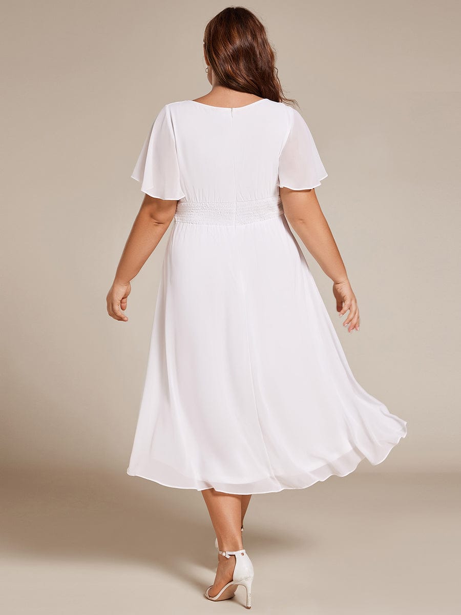 Plus Size Pleated Round Neckline A-Line Midi Chiffon Wedding Guest Dress #color_White