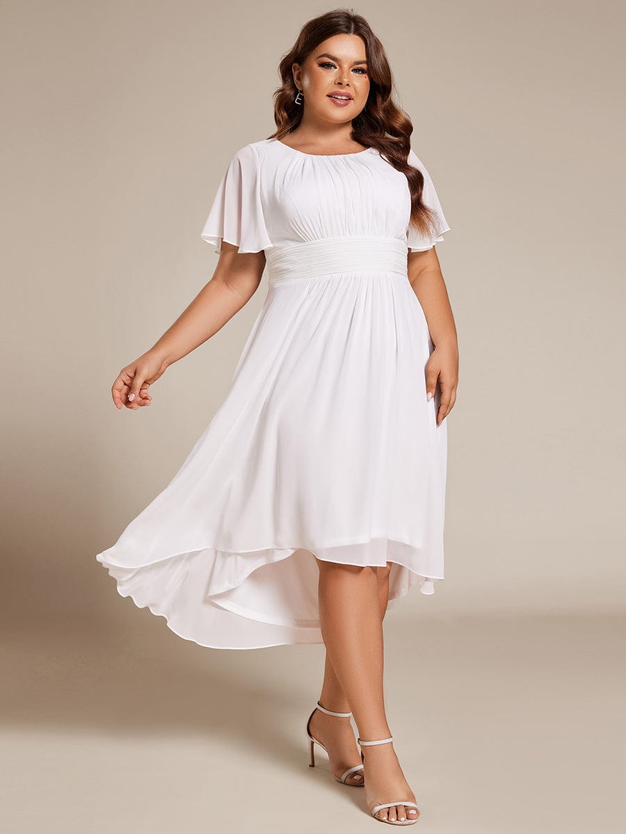 Plus Size Pleated Round Neckline A-Line Midi Chiffon Wedding Guest Dress #color_White