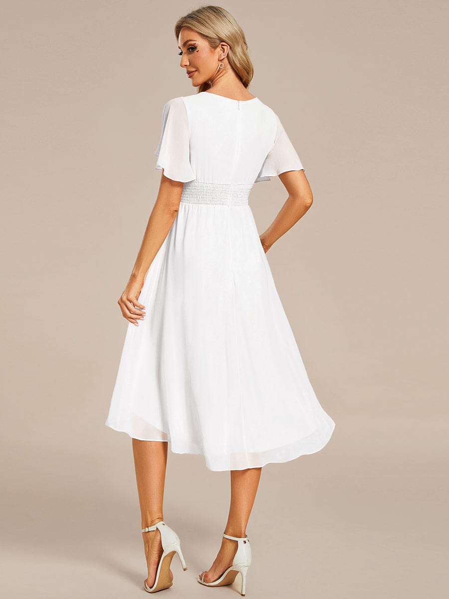 Flowy Chiffon Round Neckline A-Line Knee Length Wedding Guest Dress #color_White