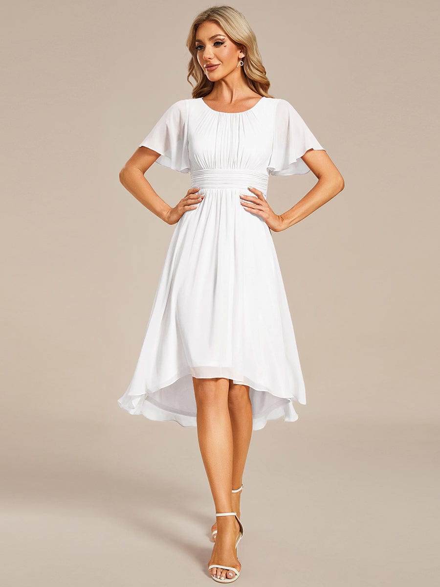 Flowy Chiffon Round Neckline A-Line Knee Length Wedding Guest Dress #color_White