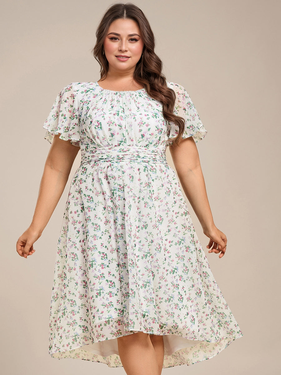 Plus Size Pleated Round Neckline A-Line Midi Chiffon Wedding Guest Dress #color_White Floral