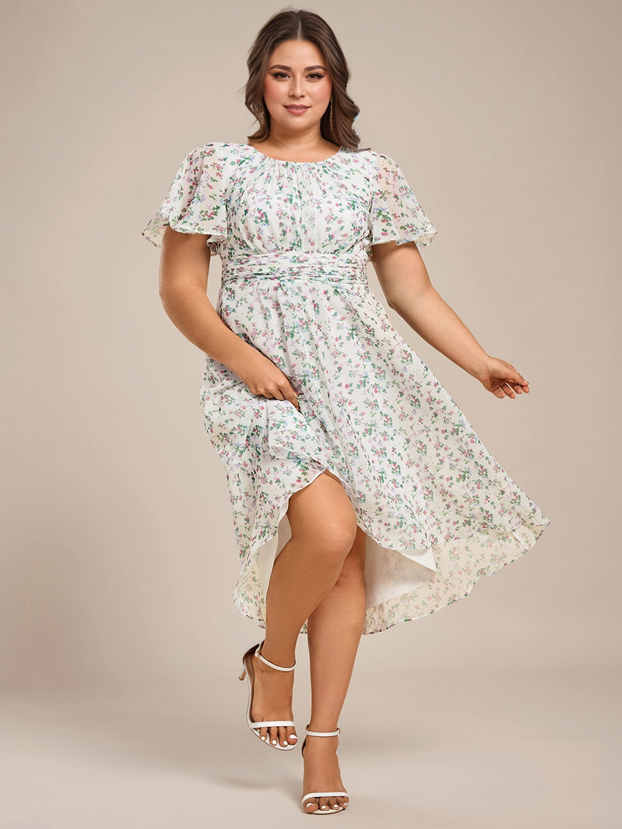 Plus Size Pleated Round Neckline A-Line Midi Chiffon Wedding Guest Dress #color_White Floral