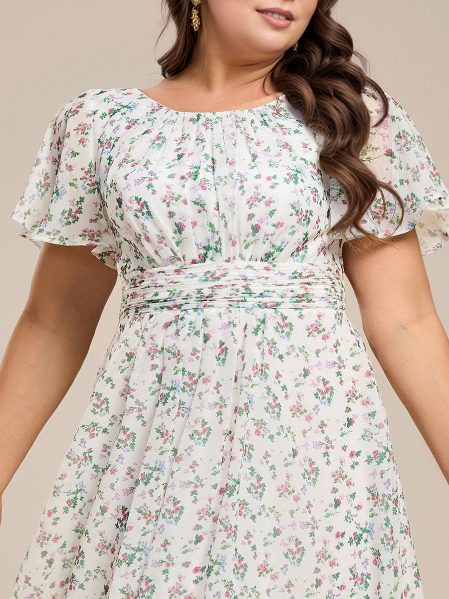 Plus Size Pleated Round Neckline A-Line Midi Chiffon Wedding Guest Dress #color_White Floral