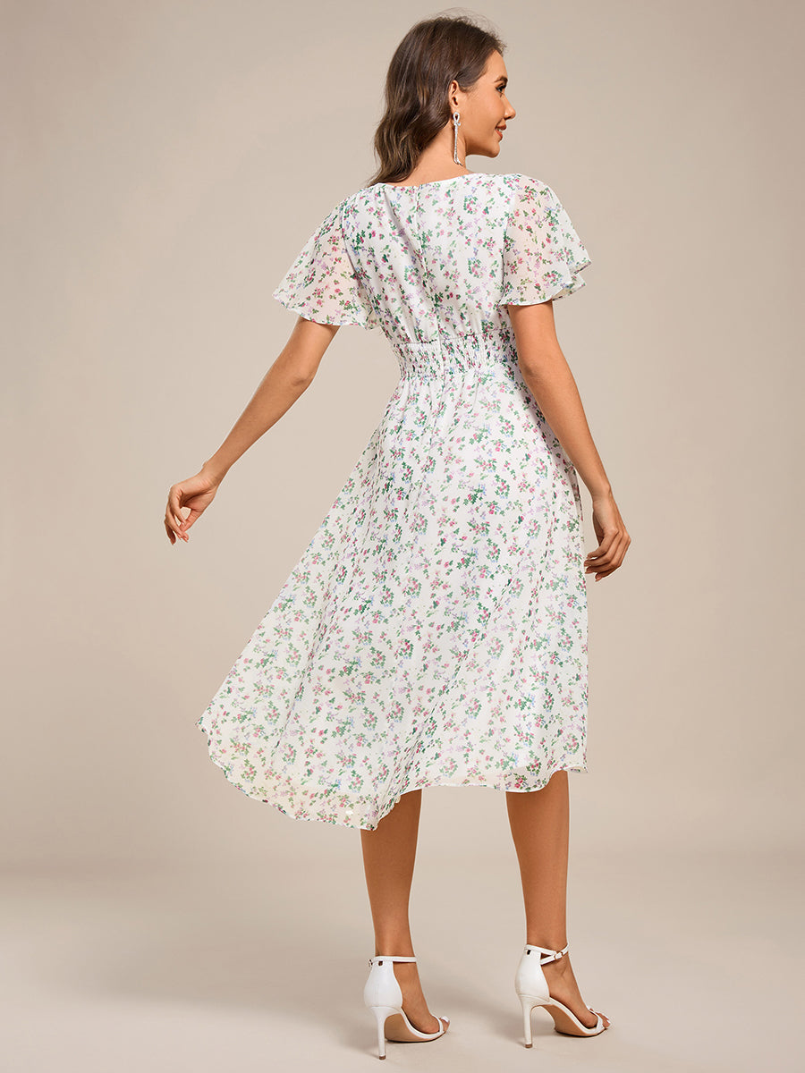 Plus Size Pleated Round Neckline A-Line Midi Chiffon Wedding Guest Dress #color_Green Floral