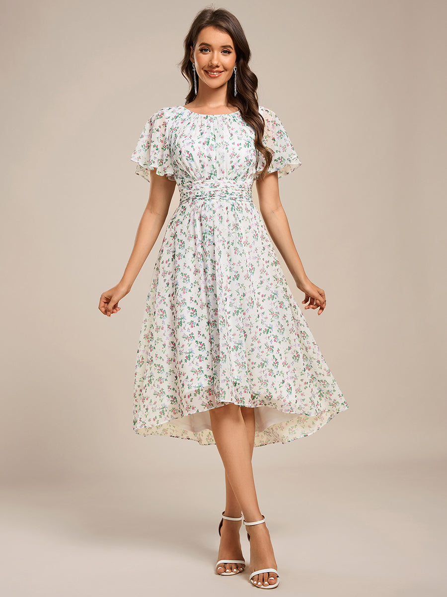 Flowy Chiffon Round Neckline A-Line Knee Length Wedding Guest Dress #color_White Floral