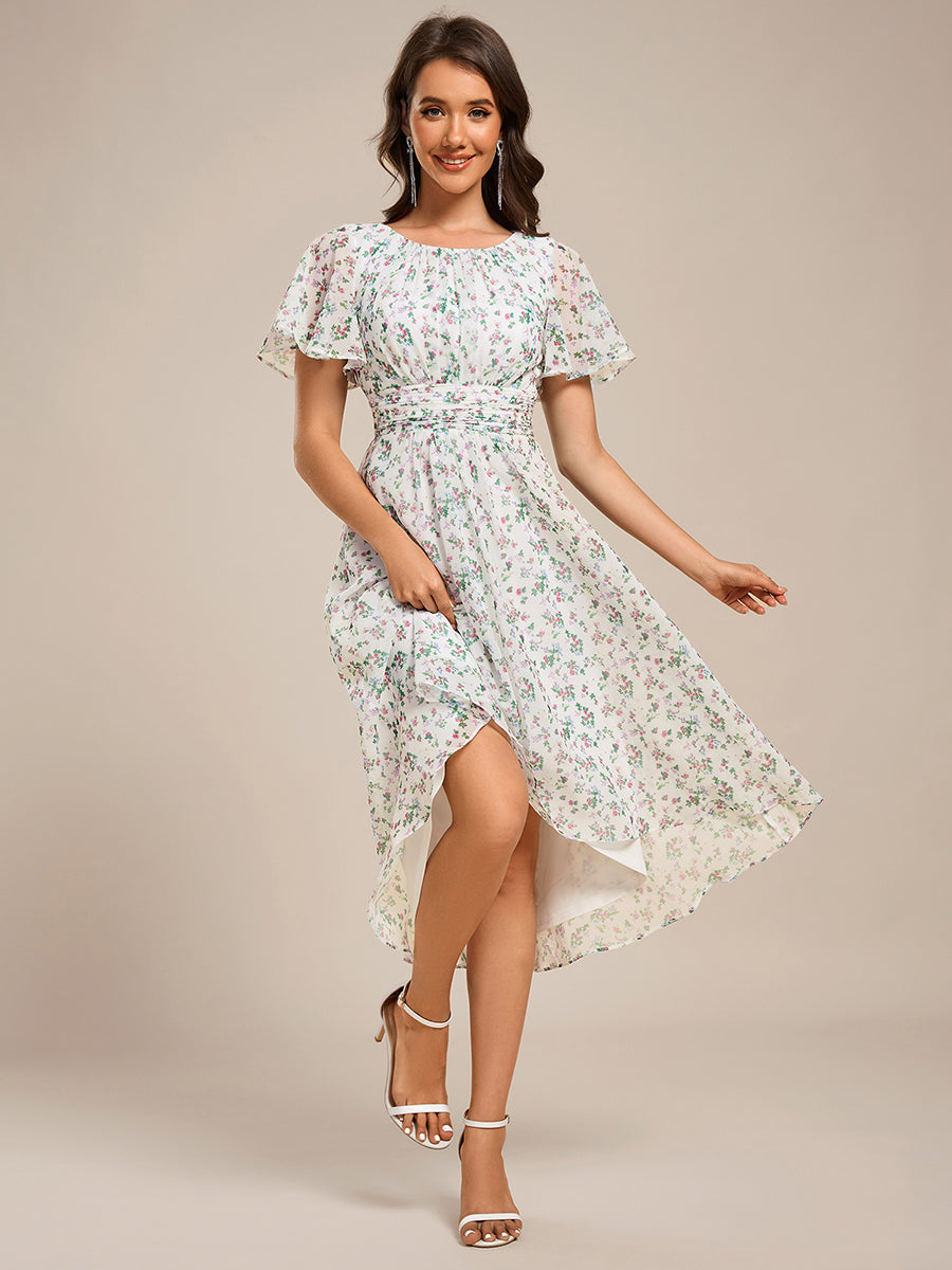 Flowy Chiffon Round Neckline A-Line Knee Length Wedding Guest Dress #color_White Floral