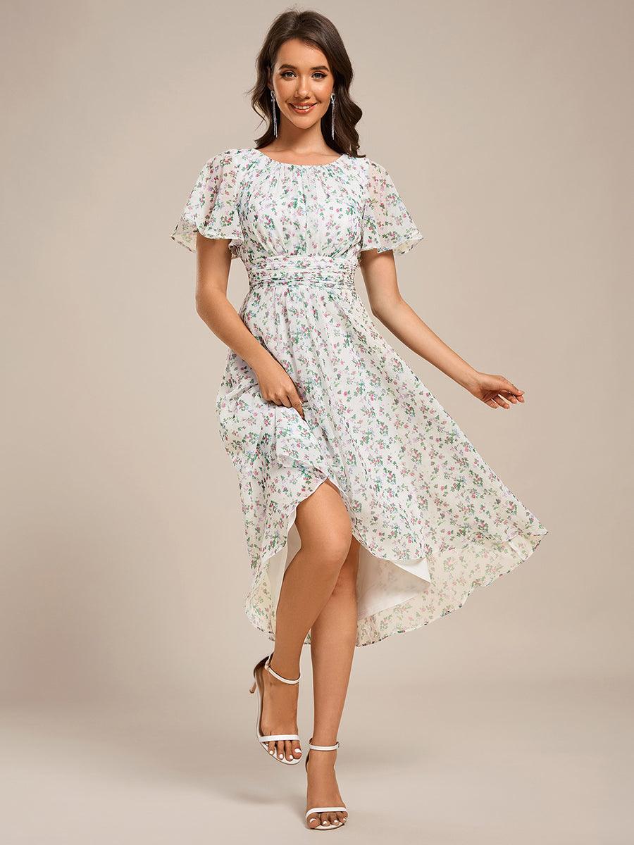 Flowy Chiffon Round Neckline A-Line Knee Length Bridesmaid Dress #color_White Floral