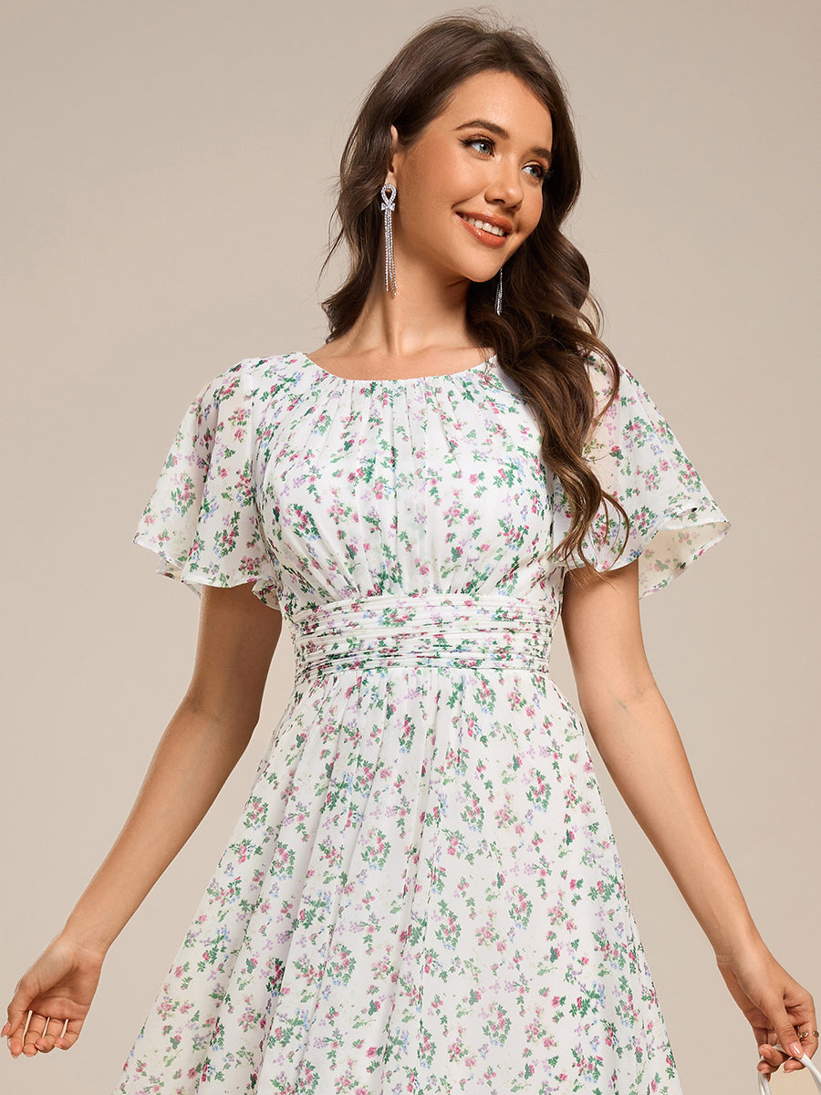 Plus Size Pleated Round Neckline A-Line Midi Chiffon Wedding Guest Dress #color_Green Floral