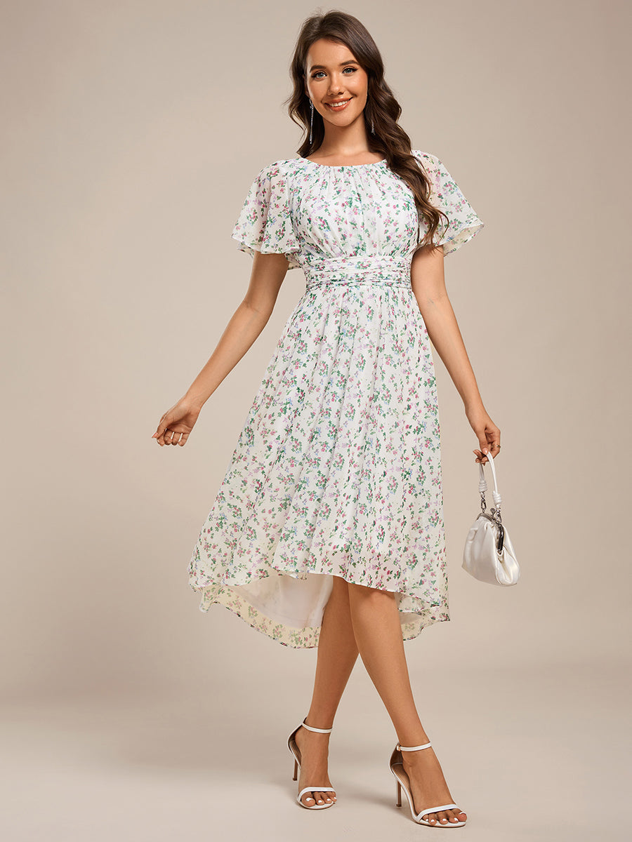 Plus Size Pleated Round Neckline A-Line Midi Chiffon Wedding Guest Dress #color_Green Floral