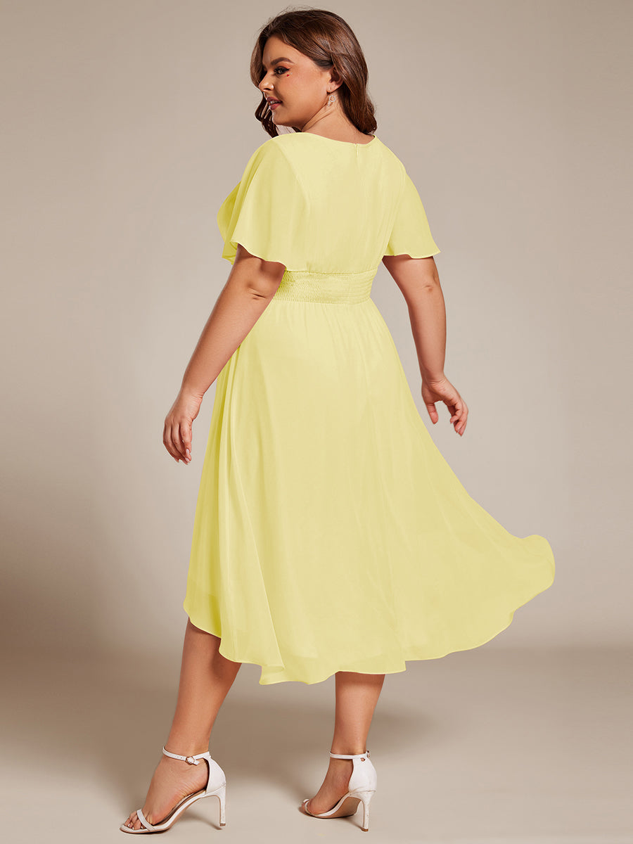 Flowy Chiffon Round Neckline A-Line Knee Length Wedding Guest Dress #color_Yellow