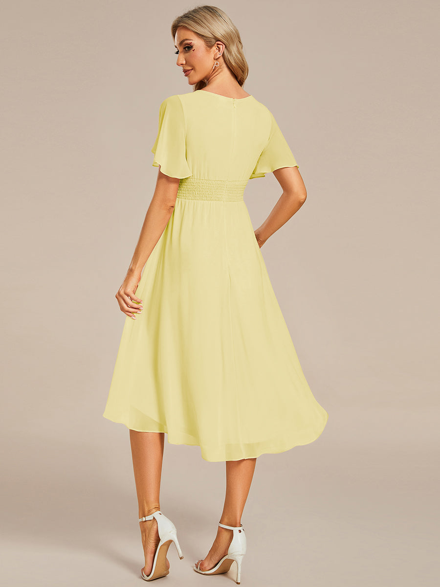 Flowy Chiffon Round Neckline A-Line Knee Length Wedding Guest Dress #color_Yellow