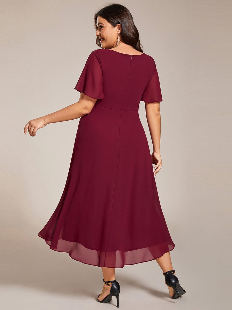 Pleated Chiffon Ruffles Sleeve Midi Bridesmaid Dress #color_Burgundy