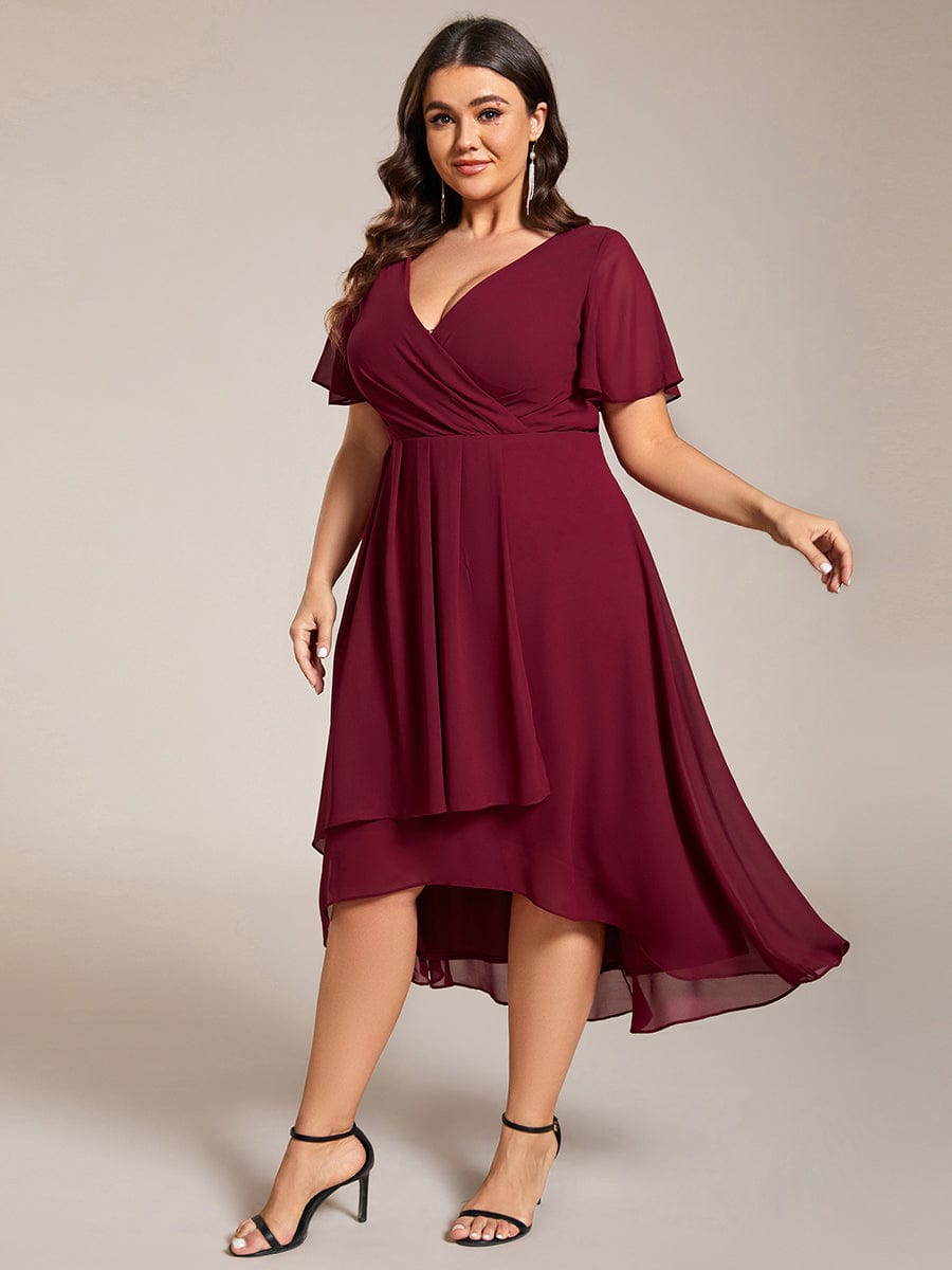 Pleated Chiffon Ruffles Sleeve Midi Bridesmaid Dress #color_Burgundy