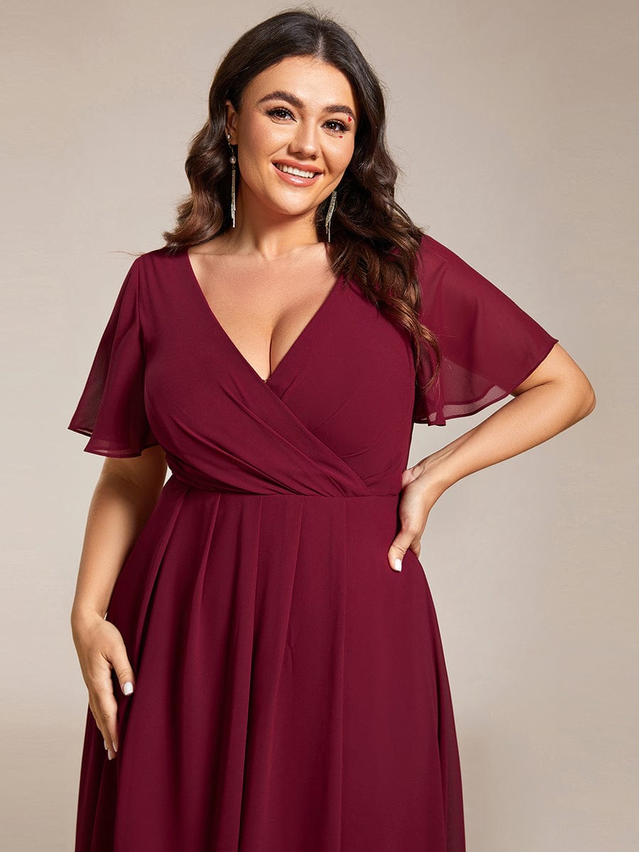 Pleated Chiffon Ruffles Sleeve Midi Bridesmaid Dress #color_Burgundy