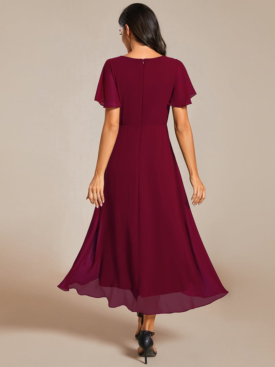 Ruffles Sleeve Pleated V-Neck A-Line Midi Chiffon Wedding Guest Dress #color_Burgundy