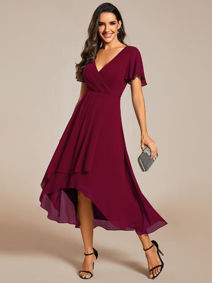 Pleated Chiffon Ruffles Sleeve Midi Bridesmaid Dress #color_Burgundy