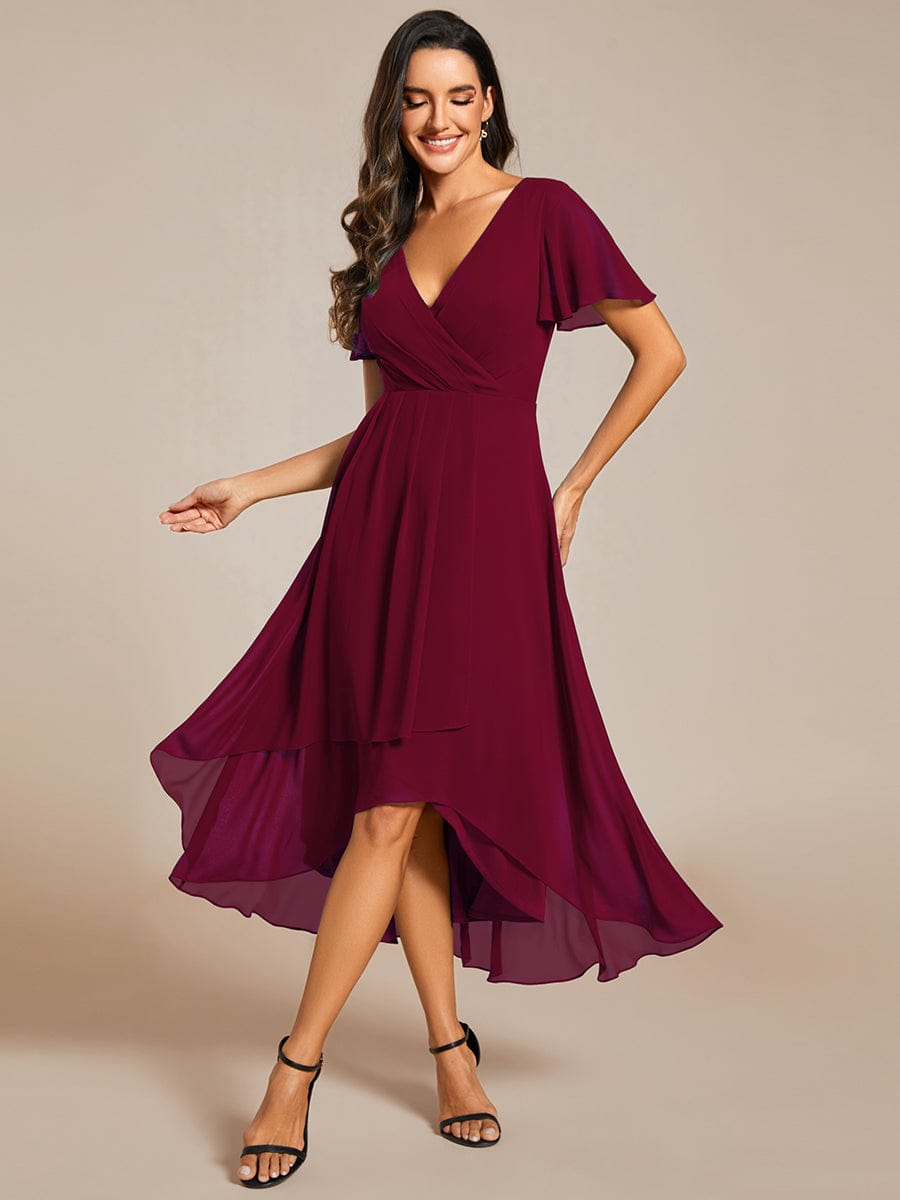 Pleated Chiffon Ruffles Sleeve Midi Bridesmaid Dress #color_Burgundy