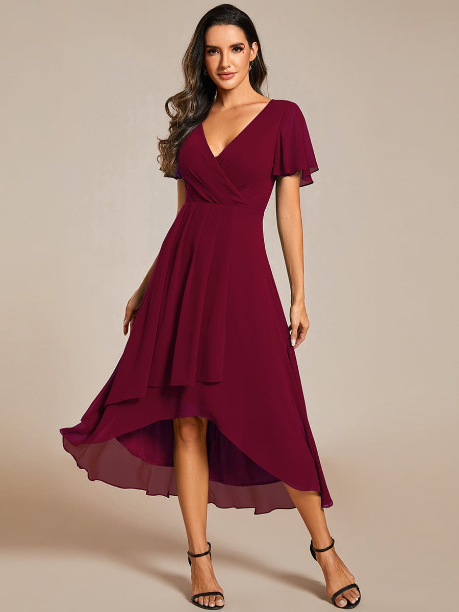 Pleated Chiffon Ruffles Sleeve Midi Bridesmaid Dress #color_Burgundy