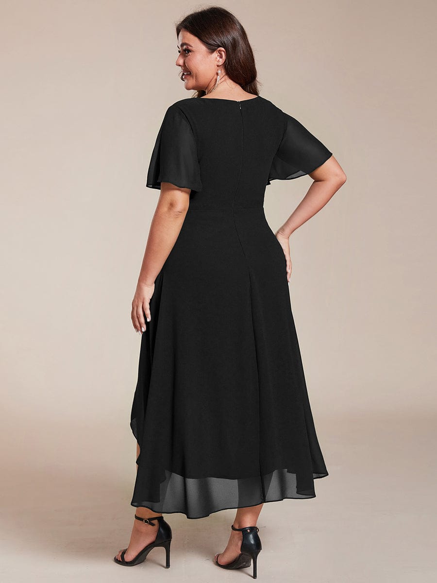 Pleated Chiffon Ruffles Sleeve Midi Bridesmaid Dress #color_Black