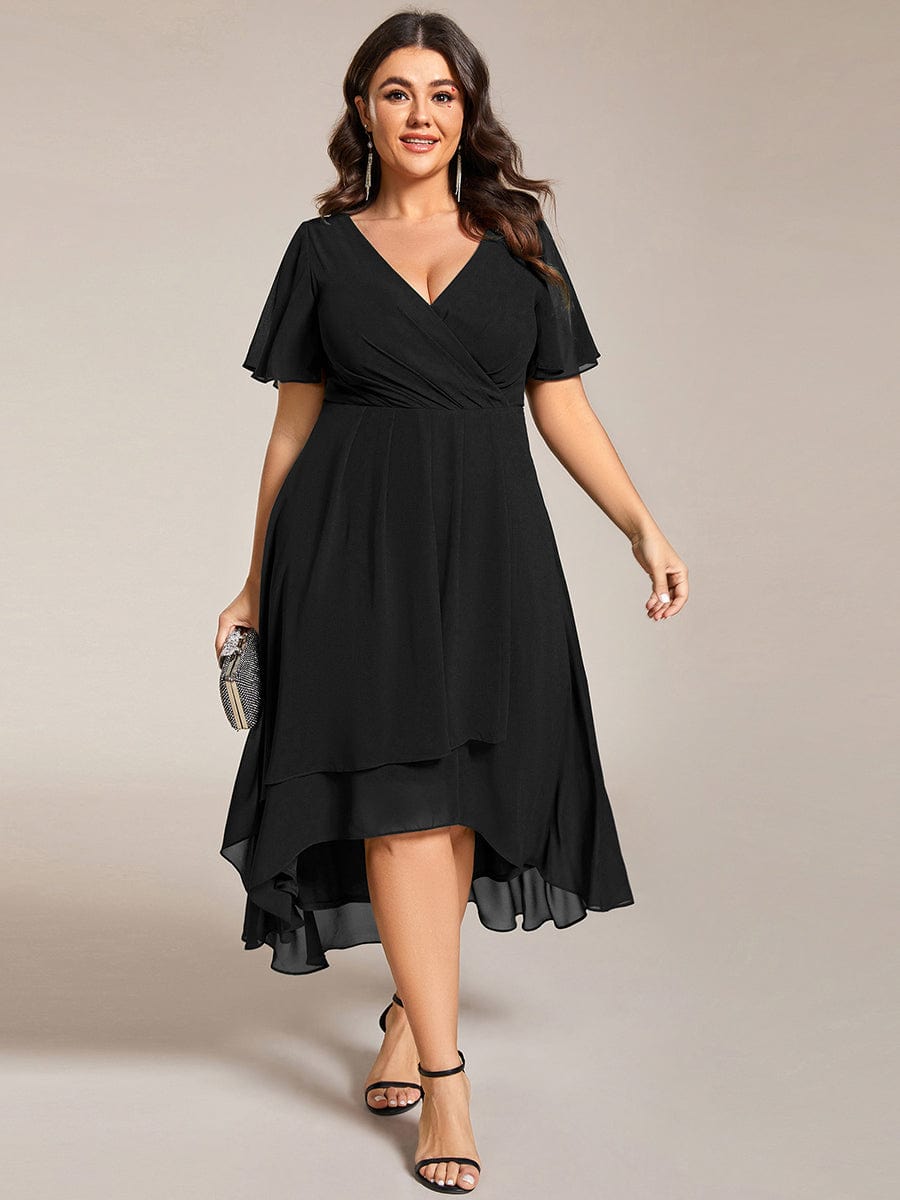 Pleated Chiffon Ruffles Sleeve Midi Bridesmaid Dress #color_Black