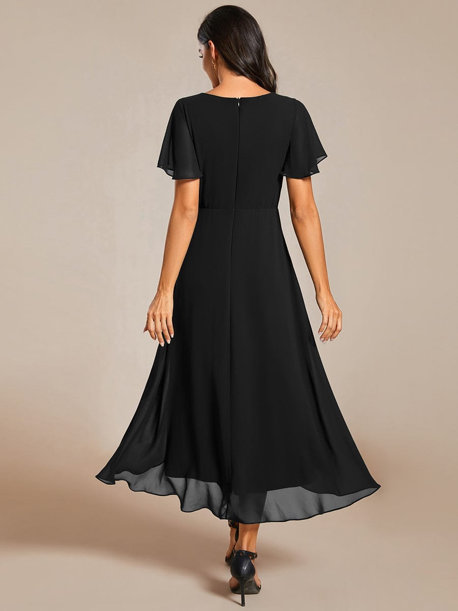 Ruffles Sleeve Pleated V-Neck A-Line Midi Chiffon Wedding Guest Dress #color_Black