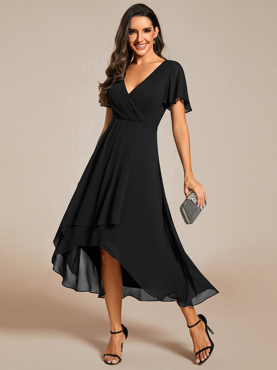 Pleated Chiffon Ruffles Sleeve Midi Bridesmaid Dress #color_Black