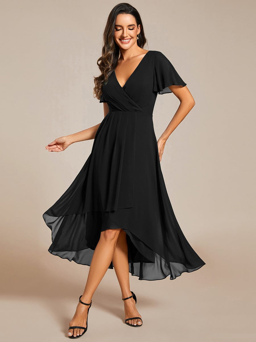 Pleated Chiffon Ruffles Sleeve Midi Bridesmaid Dress #color_Black