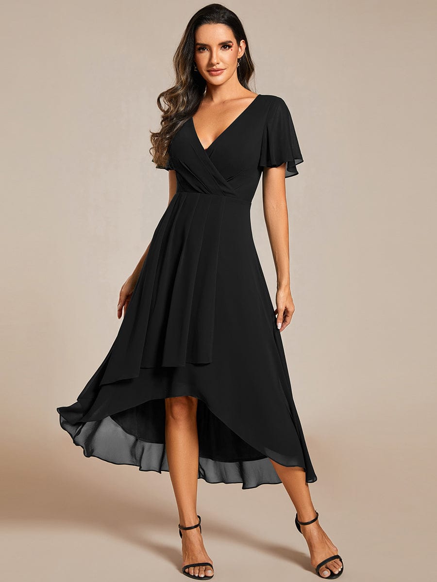 Pleated Chiffon Ruffles Sleeve Midi Bridesmaid Dress #color_Black