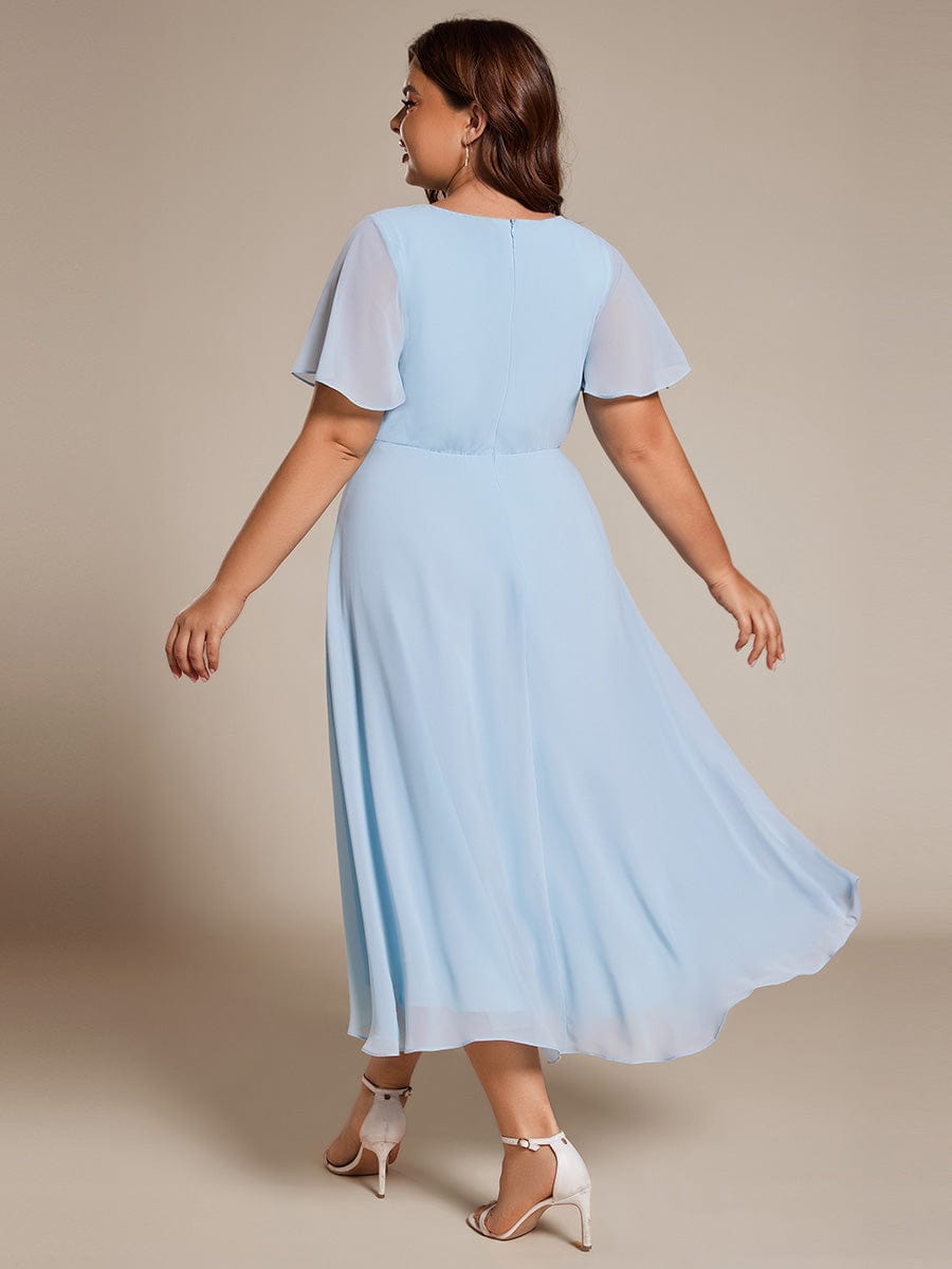 Pleated Chiffon Ruffles Sleeve Midi Bridesmaid Dress #color_Sky Blue