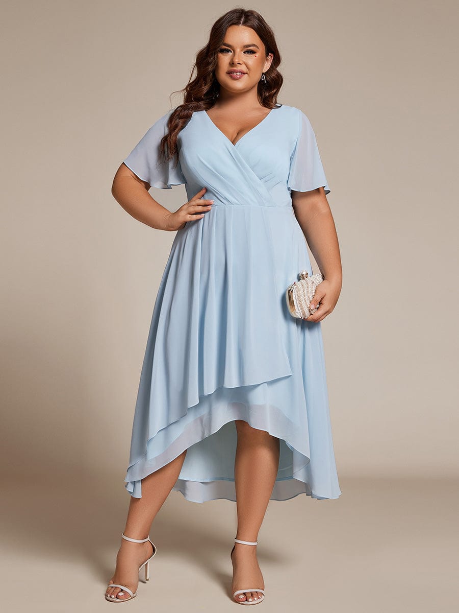 Plus Size Chiffon Short Sleeves Pleated V-Neck A-Line Midi Wedding Guest Dress #color_Sky Blue