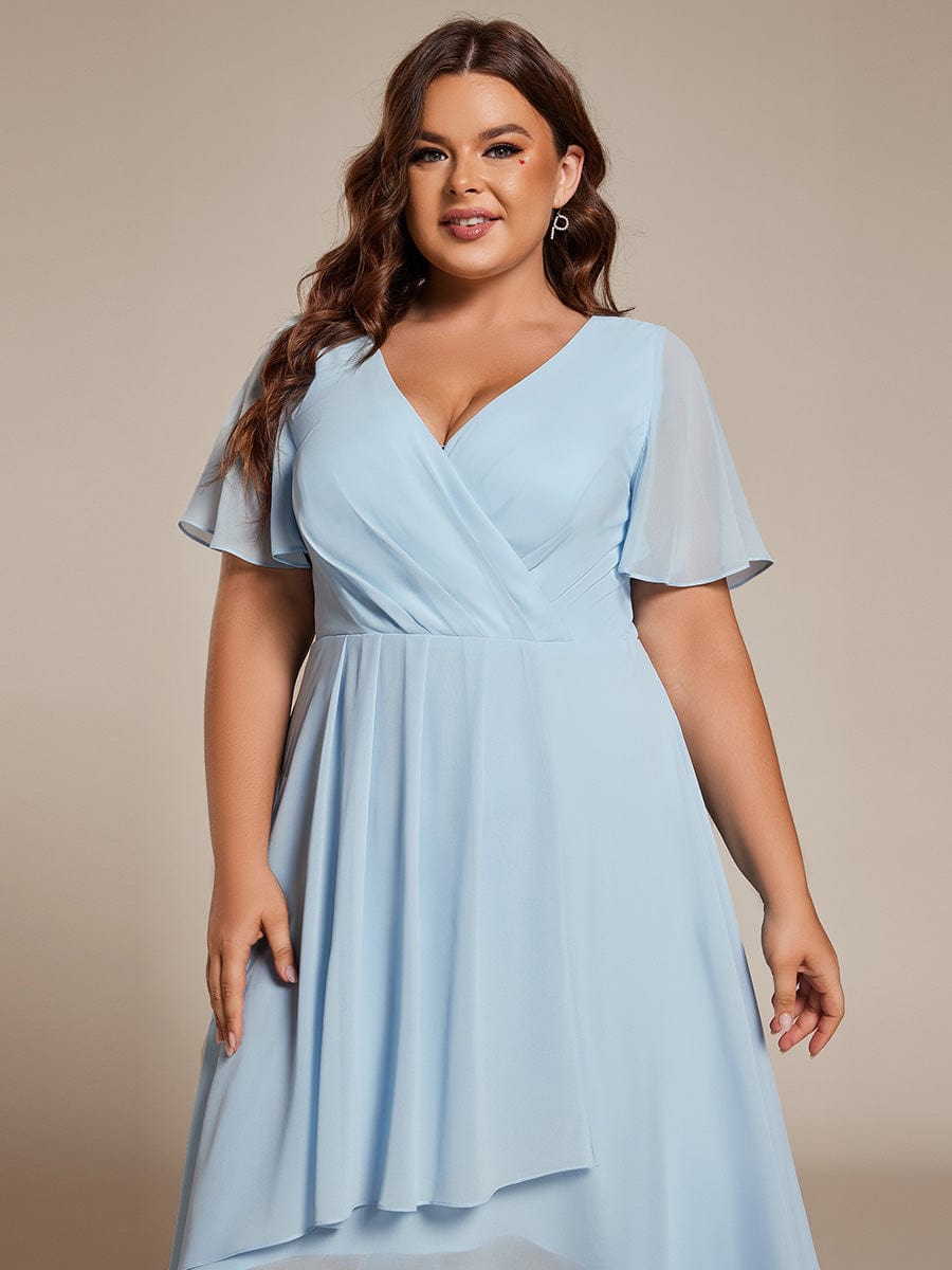 Pleated Chiffon Ruffles Sleeve Midi Bridesmaid Dress #color_Sky Blue