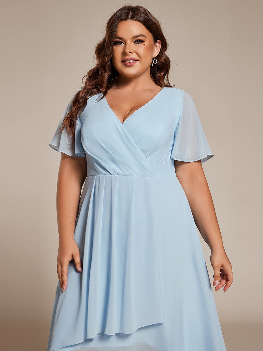 Plus Size Chiffon Short Sleeves Pleated V-Neck A-Line Midi Wedding Guest Dress #color_Sky Blue