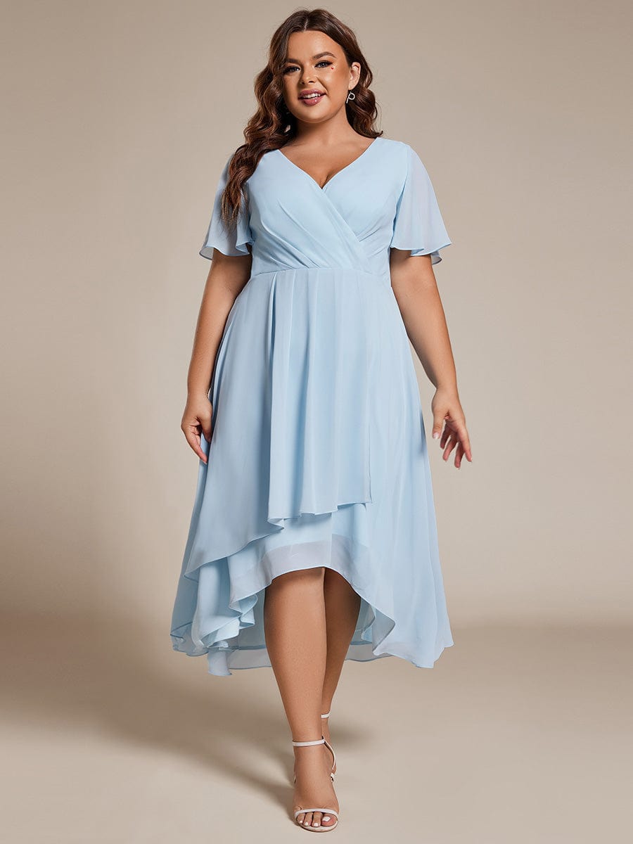 Pleated Chiffon Ruffles Sleeve Midi Bridesmaid Dress #color_Sky Blue